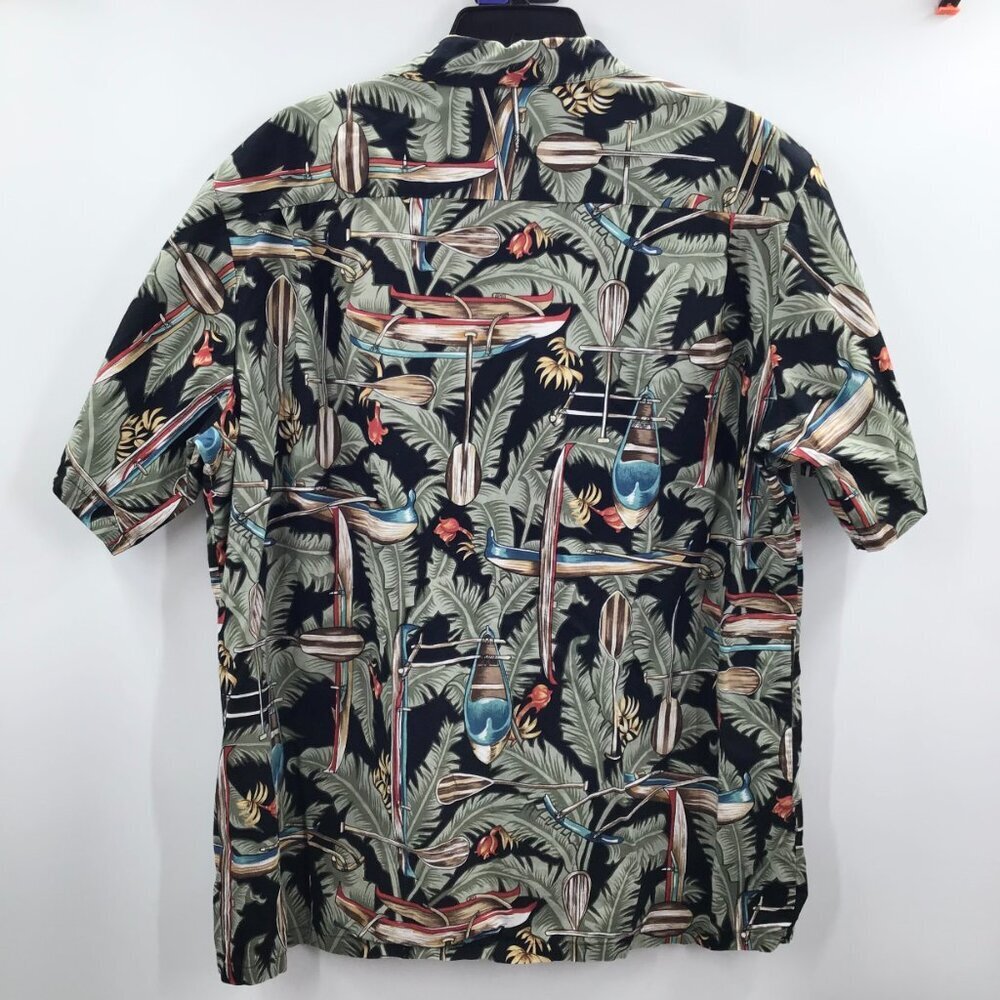 VTG Men's 2XL Hawaiian Shirt Hilo Hatties Palms Canoes Button Down Green Brown - Picture 2 of 9